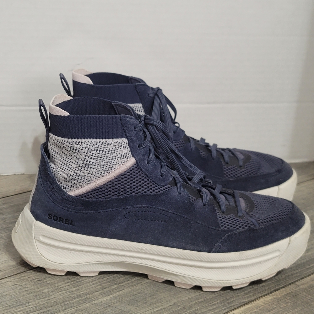 Sorel Women's Navy and Light Pink High-Top Sneakers Knit Sz 9.5 Suede Leather